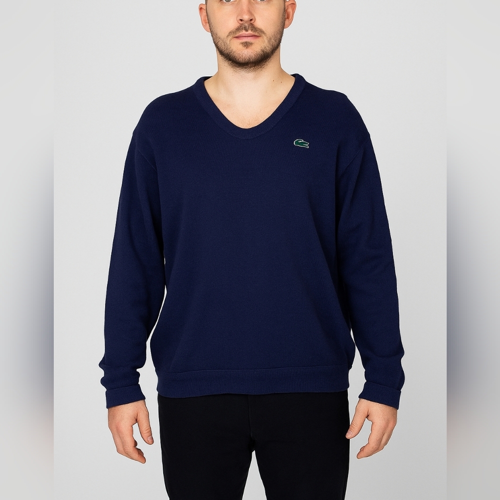 Vintage Izod Lacoste 80s 90s Blue V-Neck Pullover Sweater Size XL Croc Logo